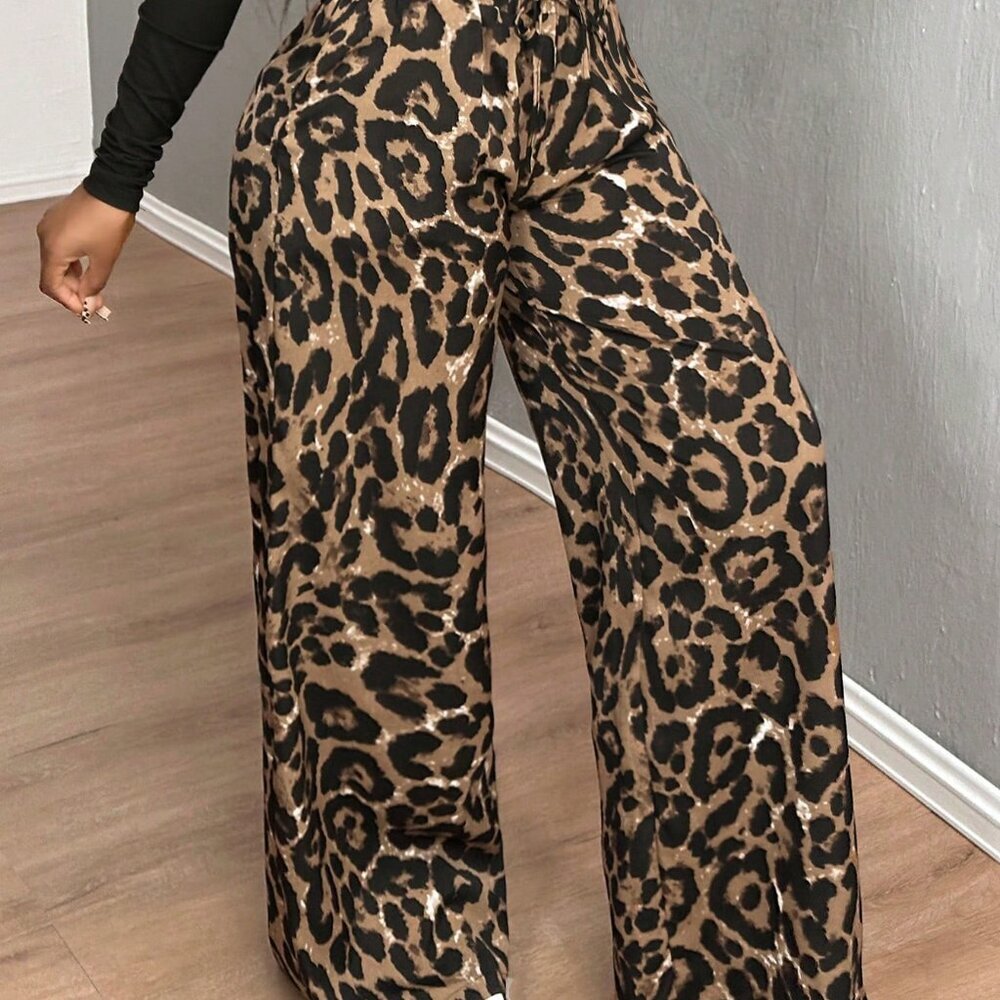 Rust Brown Casual Leopard Print Women's Baggy Pants - Picture 4 of 8